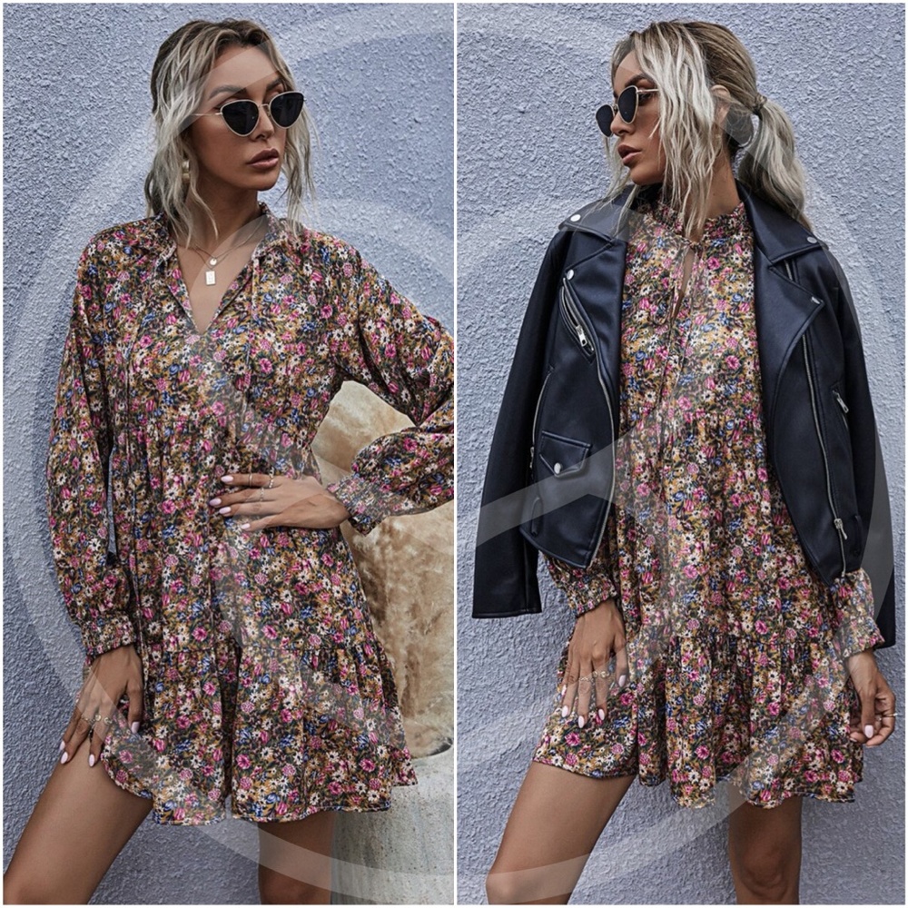 Boho floral print long sleeve v neck ruffle dress - Picture 9 of 9